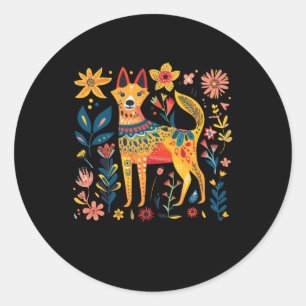 Colourful Abstract Folk Art Illustration Of A Dog Classic Round Sticker