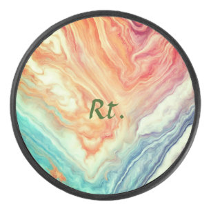 Colourful abstract geometric marble add name lette hockey puck