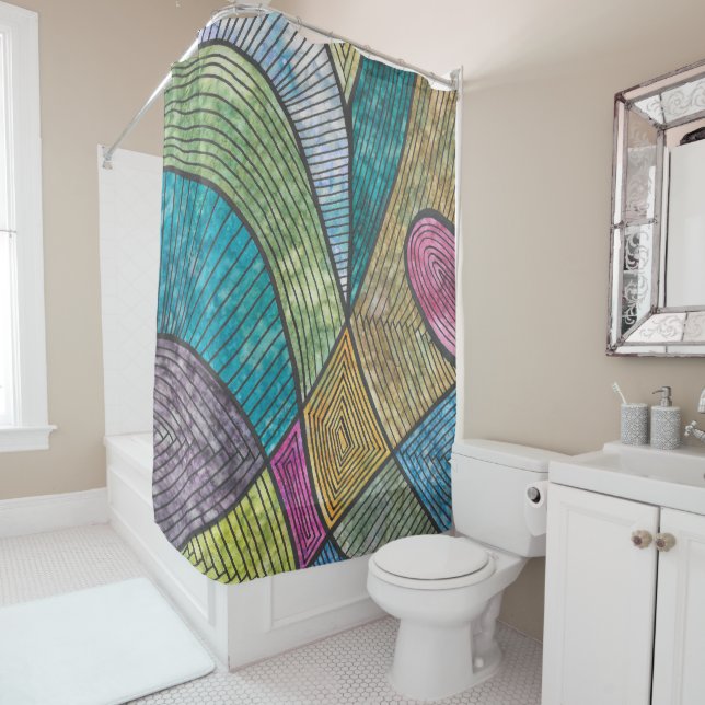 Colourful Abstract Geometric Pattern Curved Lines Shower Curtain (In Situ)