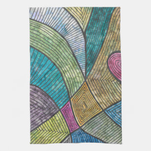 Colourful Abstract Geometric Pattern Curved Lines Tea Towel