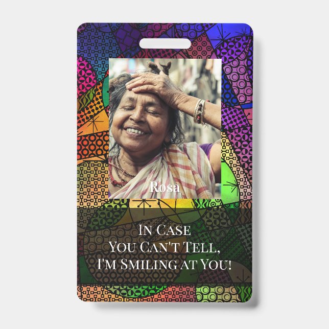 Colourful Abstract Graphic Smiling Behind a Mask ID Badge (Front)
