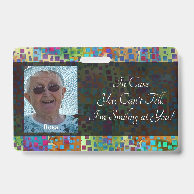 Colourful Abstract Graphic Smiling Behind a Mask ID Badge (Front)