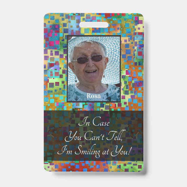 Colourful Abstract Graphic Smiling Behind a Mask ID Badge (Front)