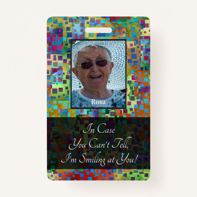 Colourful Abstract Graphic Smiling Behind a Mask ID Badge (Front)