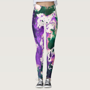Colourful Abstract Green and Purple Splatter Paint Leggings