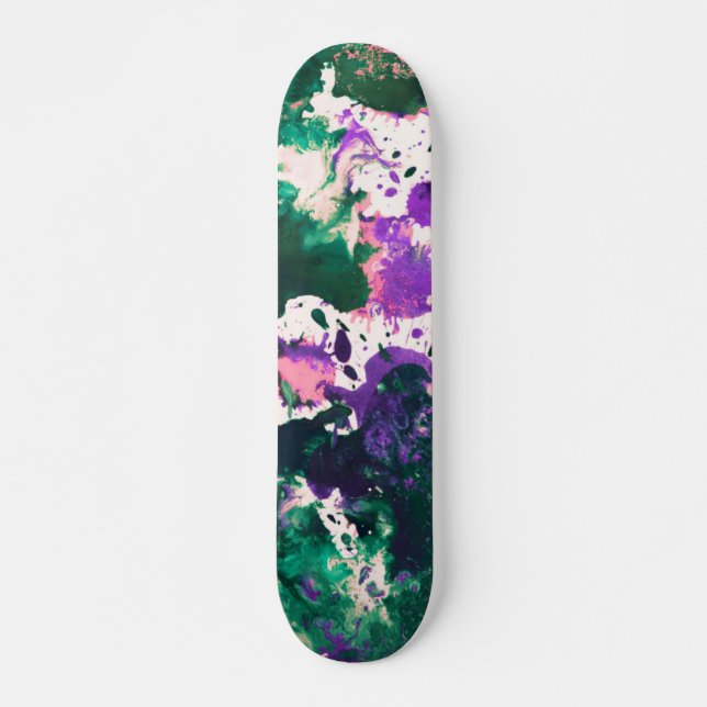 Colourful Abstract Green and Purple Splatter Paint Skateboard (Front)