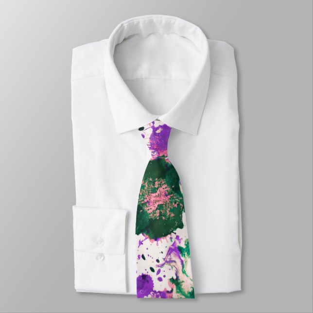 Colourful Abstract Green and Purple Splatter Paint Tie (Tied)