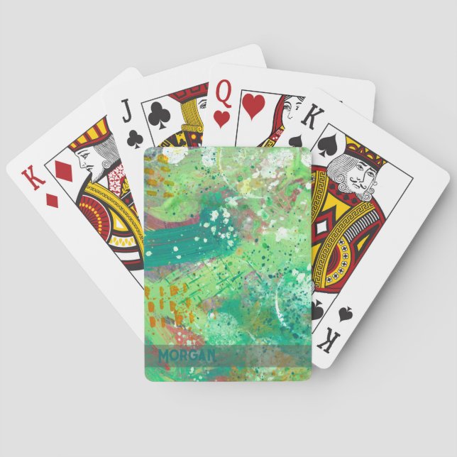 Colourful Abstract Green Personalised Name Playing Cards (Back)