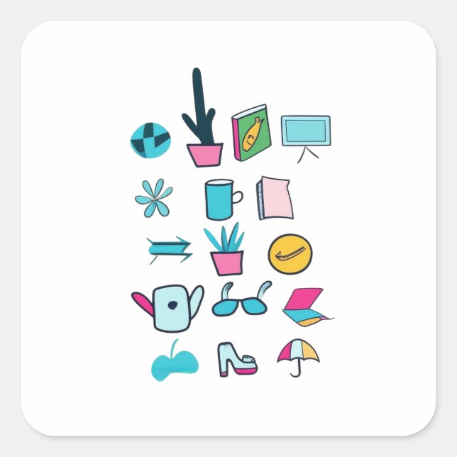  Colourful Abstract Icons Featuring Everyday Items Square Sticker (Front)