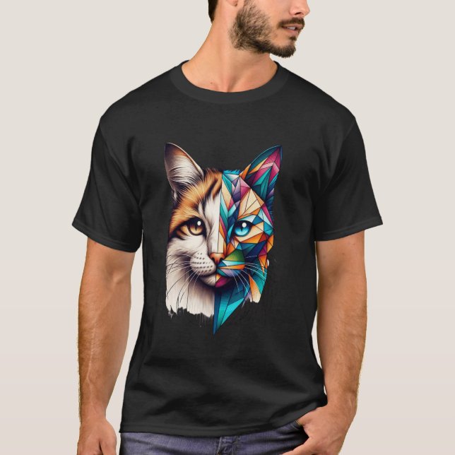 Colourful Abstract Kitten Half Face Cute Geometry  T-Shirt (Front)