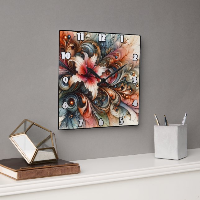 Colourful Abstract Lily With Artistic Swirls Square Wall Clock (Office)