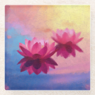 Colourful Abstract Lotus Flowers Glass Coaster