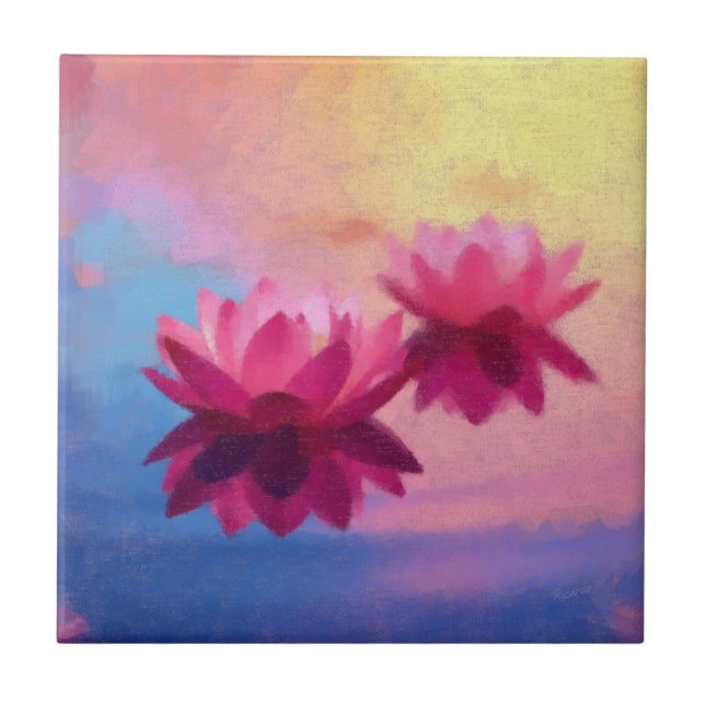 Colourful Abstract Lotus Flowers Tile (Front)