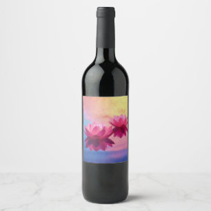 Colourful Abstract Lotus Flowers Wine Label
