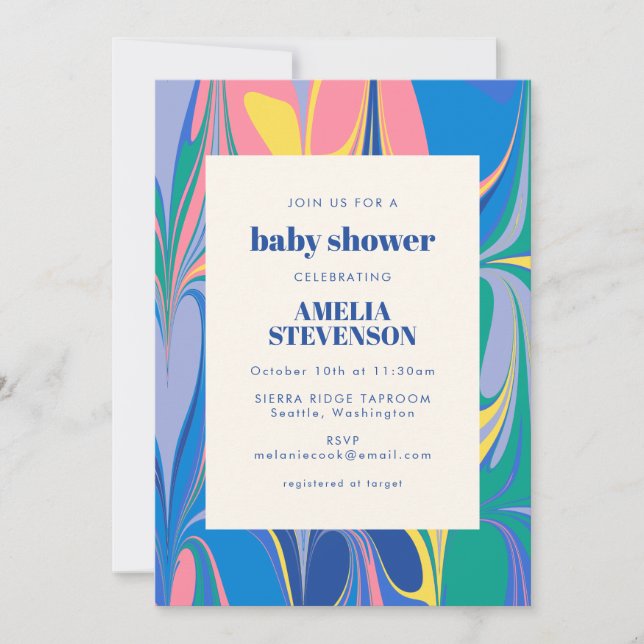 Colourful Abstract Marble Blue Pink Baby Shower Invitation (Front)