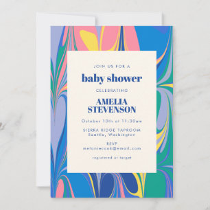 Colourful Abstract Marble Blue Pink Baby Shower Invitation