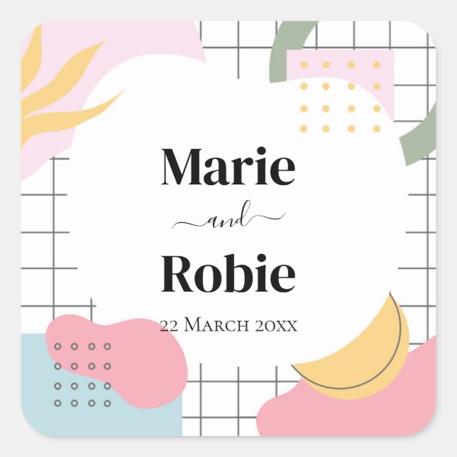 Colourful Abstract Memphis Wedding Square Sticker (Front)