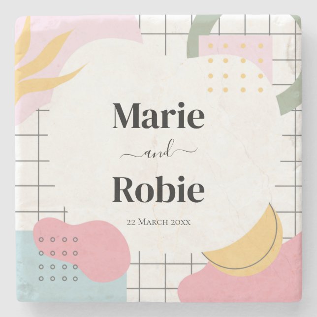 Colourful Abstract Memphis Wedding Stone Coaster (Front)