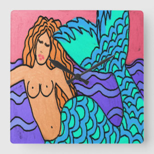 Colourful Abstract Mermaid Painting Square Wall Cl Square Wall Clock