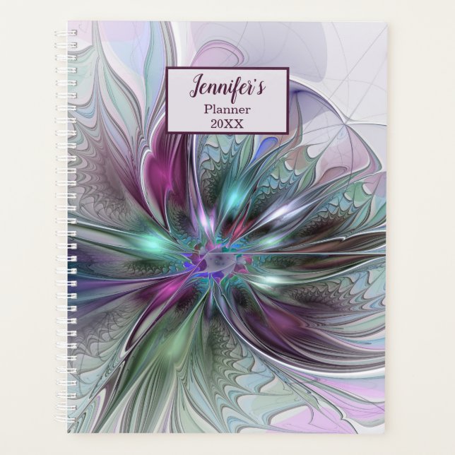 Colourful Abstract Modern Fractal Art Flower Name Planner (Front)