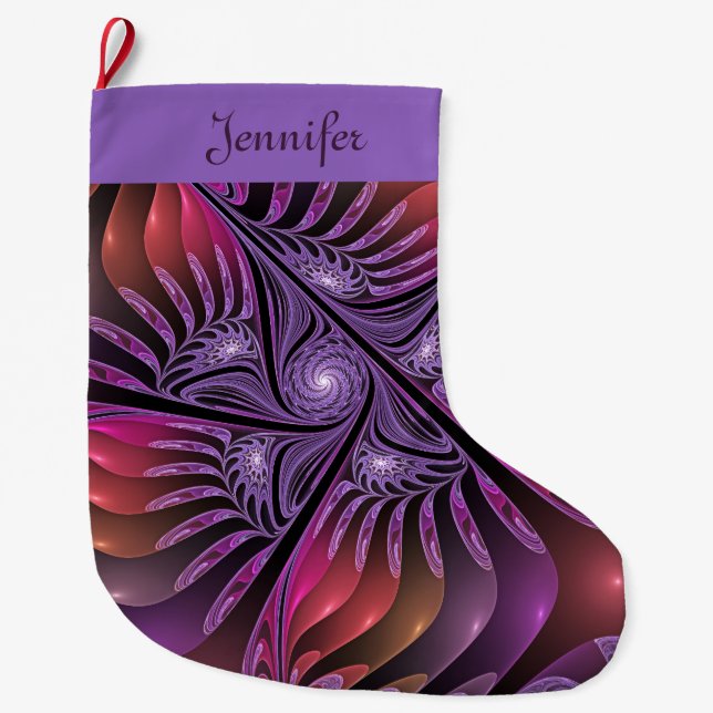 Colourful Abstract Modern Purple Fractal Name Large Christmas Stocking (Front)