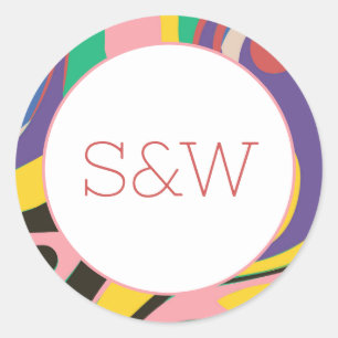 Colourful Abstract Monogram Wedding Classic Round Sticker