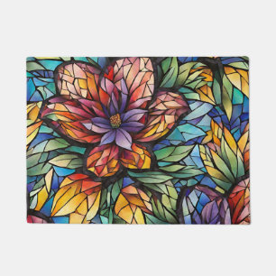 Colourful Abstract Mosaic Flower and Leaves Doormat
