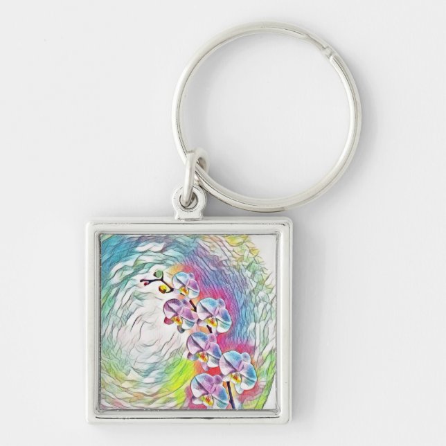 Colourful abstract orchids key ring (Front)