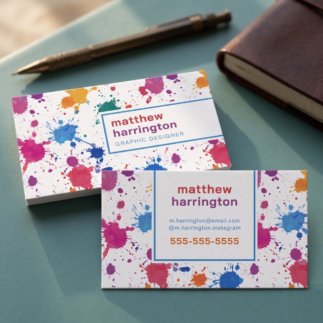 Colourful Abstract Paint Splash Design Business Card (Simulated business cards on table)