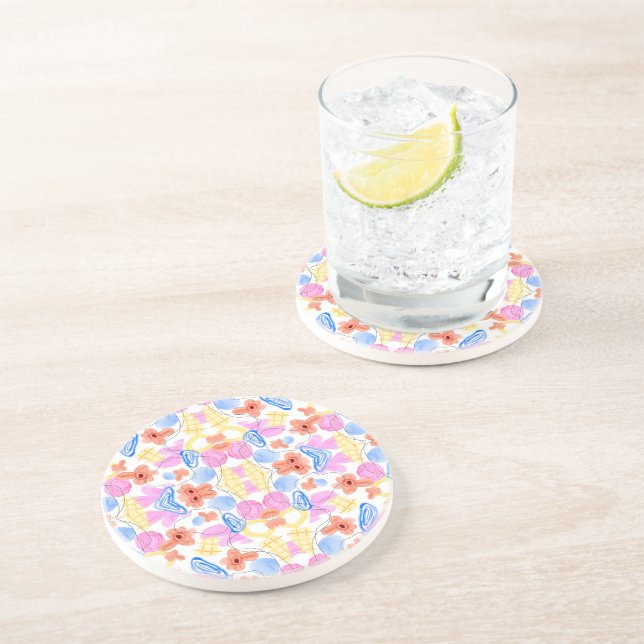 Colourful abstract pattern on a round plate coaster (Side)