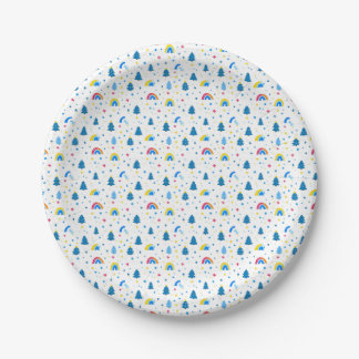 Colourful Abstract Pattern with Trees and Rainbows Paper Plate