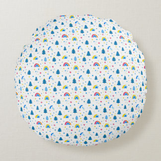 Colourful Abstract Pattern with Trees and Rainbows Round Cushion