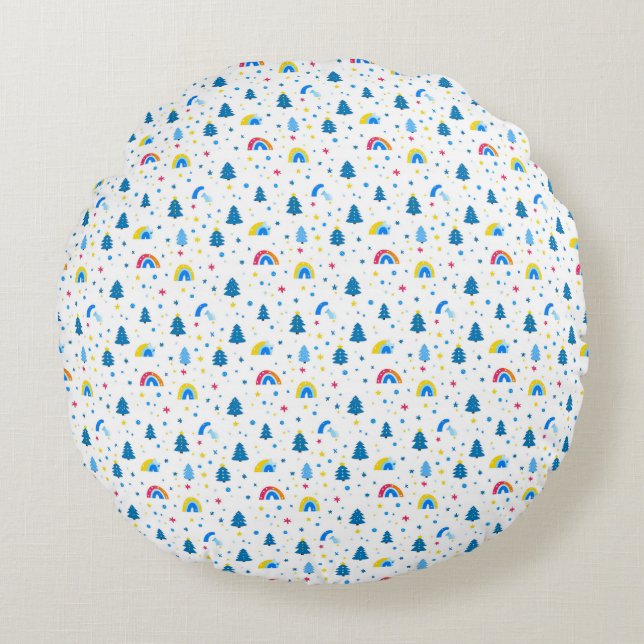 Colourful Abstract Pattern with Trees and Rainbows Round Cushion (Front)