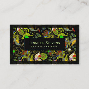 Colourful Abstract Peacocks On Black Background Business Card