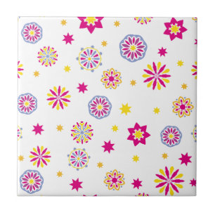 Colourful abstract pink, yellow and blue flowers tile