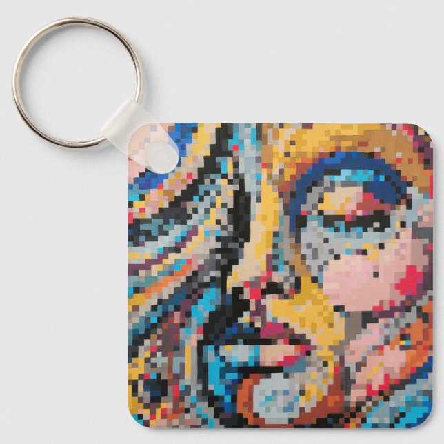 Colourful abstract pixel face key ring (Front)