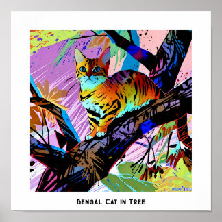 Colourful Abstract Pop Art Bengal Cat in Tree Poster