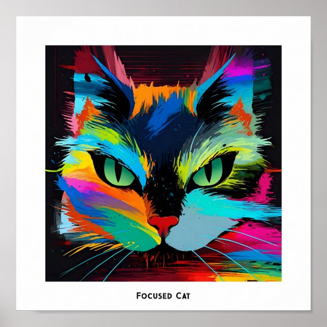 Colourful abstract pop art cat with eyes focused poster (Front)