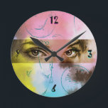 Colourful Abstract Pop Art, Eyes Round Clock<br><div class="desc">- Colourful Abstract Pop Art of pink,  yellow,  blue & brown. Round Clock.
- Original digital drawing by Raphael Studio - 'Stare'.
- Elegant,  artistic and unique design.</div>