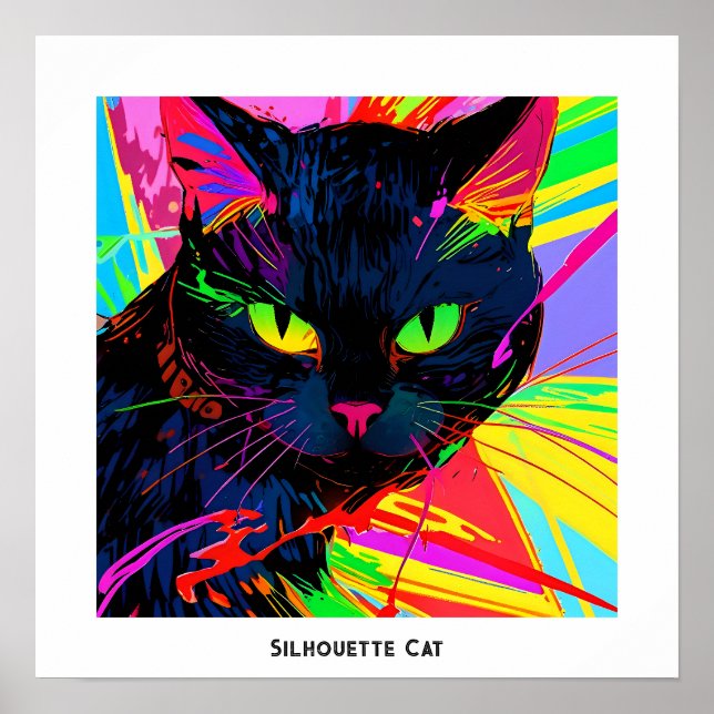 Colourful abstract pop art silhouette black cat poster (Front)