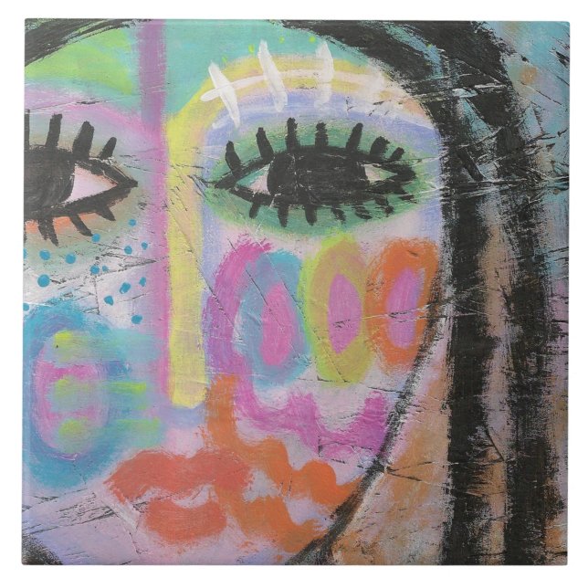 Colourful Abstract Portrait on OSB Board Tile (Front)