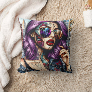 Colourful Abstract Pretty Lady with Purple Hair Cushion