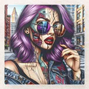 Colourful Abstract Pretty Lady with Purple Hair Glass Coaster