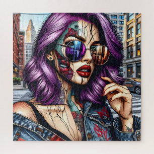 Colourful Abstract Pretty Lady with Purple Hair Jigsaw Puzzle