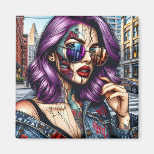 Colourful Abstract Pretty Lady with Purple Hair Magnet