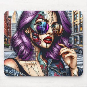 Colourful Abstract Pretty Lady with Purple Hair Mouse Pad