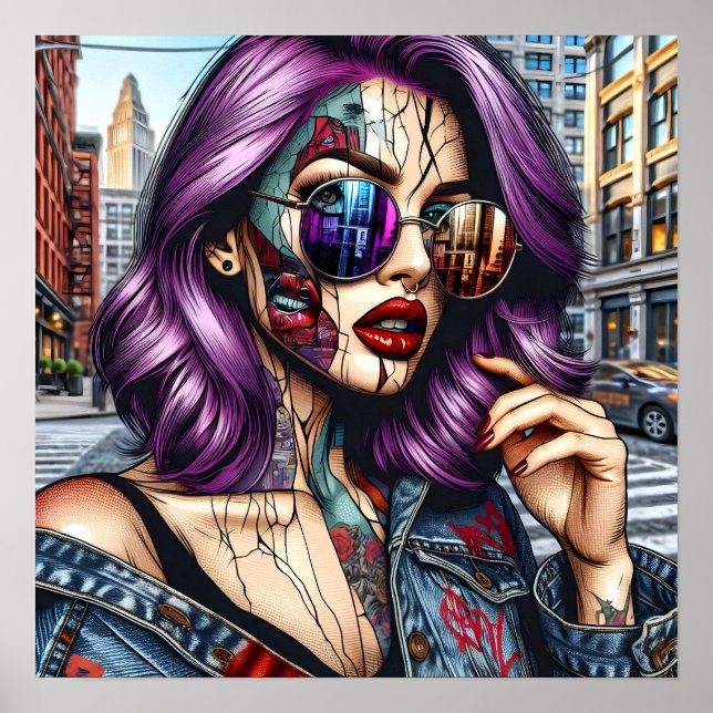Colourful Abstract Pretty Lady with Purple Hair Poster (Front)