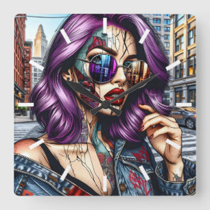 Colourful Abstract Pretty Lady with Purple Hair Square Wall Clock