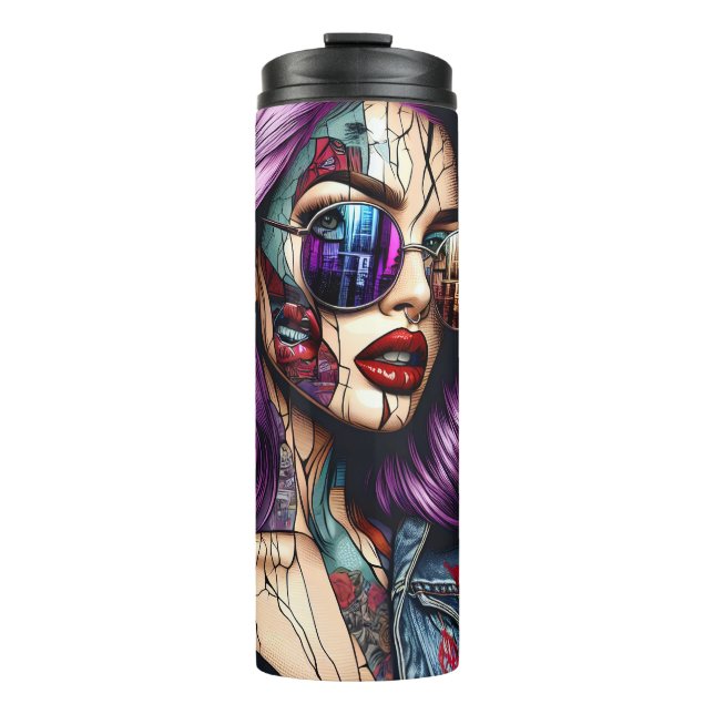 Colourful Abstract Pretty Lady with Purple Hair Thermal Tumbler (Front)