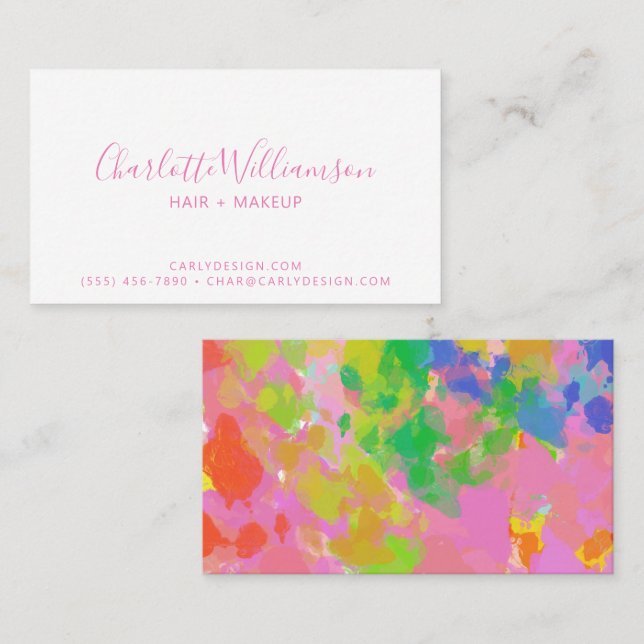 Colourful Abstract Rainbow Painting Pink Script Business Card (Front/Back)